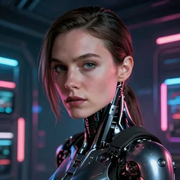 cinematography closeup portrait of a cyborg woman in a cyberpunk apartment, neon lighting, night, by Emmanuel Lubezki
