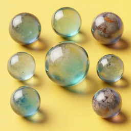 high quality 4 k colourful texture of glass spheres on yellow background, beautiful aged and rustic finish, blender design assets, 3 d, photo - realostic, high poly, 3 0 0 dpi, 8 k render, ue marketplace, unreal engine 5, volumetric lighting, realistic shadows,