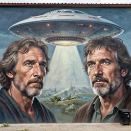 mural of ancient ufo encounter, don ivan punchatz, highly detailed, hyper realism, sharp focus, detailed faces