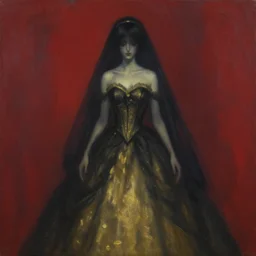 tachisme, a very soft and dark haunting oil painting portait of hatsune miku in a black golden wedding dress, tachisme, scarlet background, by antonio saura and fernando zobel, ethereal, evil presence, haunted painting, tachisme, low lighting, georges mathieu, tachisme