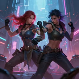 hyperrealism fantasy character concept portrait, digital art, wallpaper of an fantasy fight, volume light in a cyberpunk city, diffused lighting, neon ambient lighting, by laura zalenga and aleksi briclot, 8 k dop dof hdr, vibrant