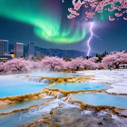 tokyu plaza omotesando on pamukkale thermal waters flowing down gold travertine terraces in royal blue antelope canyon during sakura season on an interstellar aurora borealis with heavy thunder and lightning, pink waterfalls, flowers, by peter mohrbacher, james jean, james gilleard, greg rutkowski, vincent di fate, rule of thirds, octane render, beautiful landscape