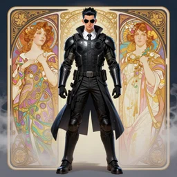 coherent classic intricate symmetry detailed full body and face character design of realistic alt art androgynous boyish agent slick black hair, white shirt neck tie kevlar tactical bulletproof armor jacket sunglasses heroic pose smoky neon background artgerm greg rutkowski alphonse mucha trending