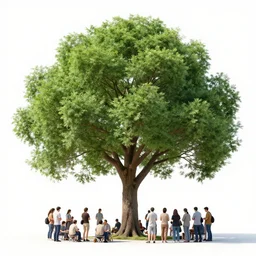 photo of people gathered around an enormous, tree in the foreground of a meadow of daises, visible horizon, flat grey sky