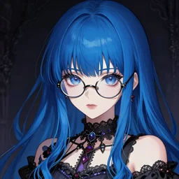 attractive long blue - haired girl with bangs gothic magical girl anime character with glasses screenshot anime, shame focus, intricate, illustration, cell shaded, digital painting, highly detailed, concept art, matte, art by ilya kuvshinov and kyoto animation and wlop, anime character by ran jia and greg rutkowski, studio quality, masterpiece