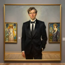 museum painting, wide - shot, photo of yves saint - laurent, sharp focus, highly detailed, digital art, oil painting, masterpiece, artgerm, rutkowski, mucha, leyendecker, kinkade