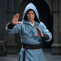 linden ashby as a martial artist wearing a light blue hood in a dark medieval castle, 1 9 9 1, movie still