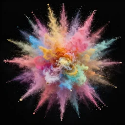 a centered explosion of colorful powder on a black background, close shot, amazing detail