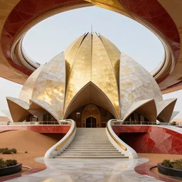 interior foyer and staircase of a futuristic lotus temple with gold, red and white marble panels, in the desert, by buckminster fuller and syd mead, intricate contemporary architecture, photo journalism, photography, cinematic, national geographic photoshoot
