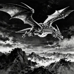 dragon flying under the night sky in front of the mountains. dark fantasy style. epic fight. digital art. black and white. by kentaro miura