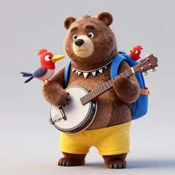 A bear with yellow shorts and shark tooth necklace wearing a blue backpack with a red bird poking out of it. The bear is playing a banjo and the bird is playing a kazoo, 3D render, unreal engine