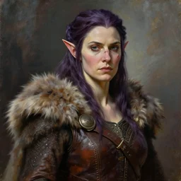 oil painting a female medieval fantasy tolkien elf, dark purplish hair tucked behind ears, wearing leather with a fur lined collar, wide face, muscular build, scar across the nose, cinematic, character art, detailed.