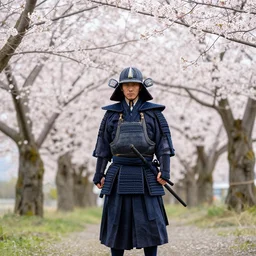 a samurai warrior amongst cherry trees