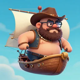 A hairy, chubby, bald man with a beard and glasses flying a ship, cowboy bebop style, digital art, 8k, UHD