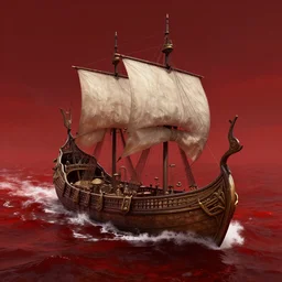 Futuristic viking ship sailing in a red sea of blood, fantasy, wide shot, detailed, digital art