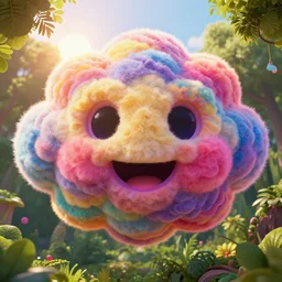 fantastical vibrant sphere shaped cloud with holes for eyes and mouth, in a nature scene by marc adamus, high definition, sun breaking behind the sphere, cheerful, rave art