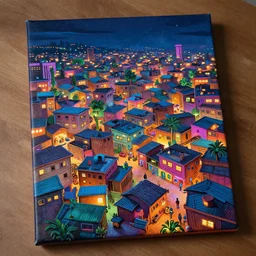 stylish - caricature - environment concept - art of a neon lit ajegunle slum in nigeria, night, photographed by vivian maier, unreal engine 3 d vfx render, digital illustration by mike winkelmann, intricate detail, sharp, volumetric light, ray tracing, soft light, colourful, claymation, top view acrylic on canvas, cinestill, rule of thirds,