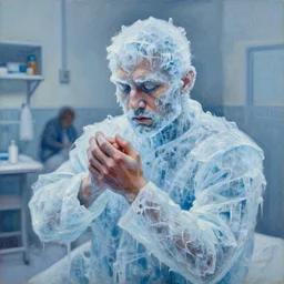 palette knife oil painting of a patient at a mental asylum who is frozen with ice, extreme detail, artstation trending, artgerm, any racial background, deviant art, octane, substance, art history 8 k