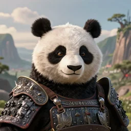 a closeup portrait an anthropomorphic panda samurai, wearing armor with spiked shoulders, landscape in background, dnd character art portrait, world of warcraft style, by peter mohrbacher, cinematic lighting