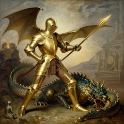 a knight in gold armor battling a dragon style of William Adolphe Bouguereau
