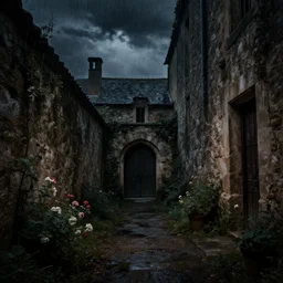 dark creepy secret passageway at nightfall during a storm in lourmarin, flowers, medieval, gritty