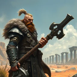 human hero, bearded gigachad in armour, d & d barbarian, nordic warrior, elden ring boss, powerful male character from warcraft, character portrait, trading card game art, perfectly shaded, extremely detailed, matte, artstation, volumetric lighting, 4 k, game cover art, sharp focus, deserted landscape, ancient stone ruins, art by frank frazetta and artgerm