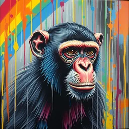 rainbow rain on a monkey as graffiti art on canvas, high detail, matte finish, trending on artstation, ghetto, masterpiece, sharp focus, centered, high quality paint
