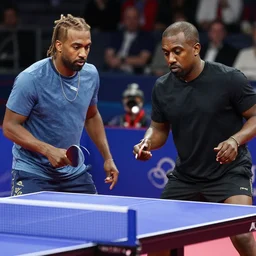 kanye west playing table tennis against a clone of himself