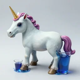 a barbeque unicorn leg with a mysterious blue juice in a cup, accurate, realistic, cursed