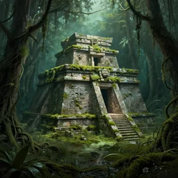 a sunken aztec temple in the florida everglades, moss, vines, dark, creepy, in a historical illustration style, detailed