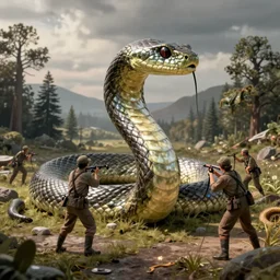 Hunters trying to capture a giant shiny snake, hyperdetailed, artstation, cgsociety, by greg rutkowski, by Gustave Dore