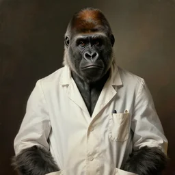 portrait painting of a young gorilla of 3 0, british, wearing a lab coat, short hair, scientist, handsome, confident, full unreal render cinematic lighting art 1 9 2 0 period drama by bussiere rutkowski andreas rocha