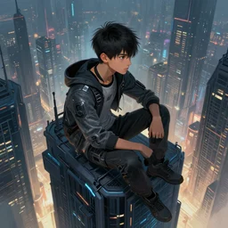 a teenager boy with techwear sitting on top of a skyscraper looking over the cyberpunk city, light and shadow effects, intricate, highly detailed, digital painting, artstation, concept art, smooth, sharp focus, illustration, advanced digital art, atmospheric lighting, detailed face, 8 k, hq
