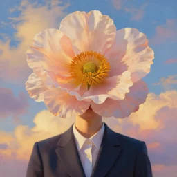 closeup, giant flower as head, woman in suit, surreal photography, golden hour, colorful clouds, impressionist painting, digital painting, artstation, simon stalenhag