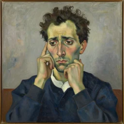 An oil painting portrait of a very confused man thinking deeply, in the style of Picasso