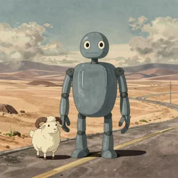 a study of a cell shaded cartoon of a grey robot ram from howl's moving castle ( 2 0 0 4 ), on a desert road, full body, wide shot, very muted colors, post grunge, studio ghibli, highly detailed, deviantart, art by artgem