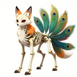 an anime about an bipedal undead skeleton fox animal with exposed skull for a face nongraphic, 9 colorful peacock tails, magical mage robes and walking through an empty street alone at night, halloween decorations, wonder, anime, furry, side profile, peaceful, vhs, art by yuji ikehata