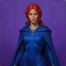 painting of alluring thaumaturge brown woman in the purple void, detailed face, tied red hair, skintight blue tunic, cloak, pointy hat, obsidian accessories, high fantasy, dnd, smooth, sharp focus, award - winning, masterpiece, extremely detailed, intricate, art by rebecca guay, rossdraws