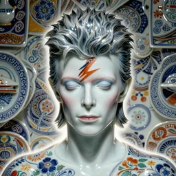 David Bowie , A Close up photo-real delicate ceramic porcelain sculpture of a symmetrical ornate detailed in front of an intricate background by Victo Ngai and takato yamamoto, micro detail, backlit lighting, face in focus, subsurface scattering, translucent, thin porcelain, octane renderer, colorful, physically based rendering, japanese pottery, trending on cgsociety