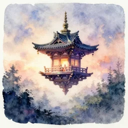 centered on watercolor paper, paint brush strokes, watercolor painting of a hovering miniature shrine, ancient, enchanted, iridescent and ethereal in landscape at dawn, cinematic light, in the style of noriyoshi ohrai