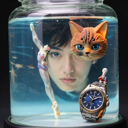 cinestill 5 0 d, 8 k, j. j abrams flare ; esoteric ultra realistic seinen manga nero timepiece in cat meets ran ( 1 9 9 0 ) film still underwater dance scene in frontiers in translucent plastic photography fashion magazine june seinen manga portrait closeup edition, hyperrealistic real - life cyborg shaped clay occult figurine film still in seinen manga victorian glass jar, pointe pose, perfect eyes, tilt shift wide shot zaha hadid background
