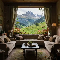 fantastical living room with switzerland landscape in the window, beautiful dramatic lighting, overgrown with funghi, style by peter deligdisch, peterdraws