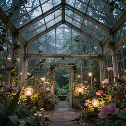 glass greenhouse, birds, flowers, fairy tale, evening lights, highly detailed, low angle view, artstation, mysterious, comfort, in the style of aetherpunk