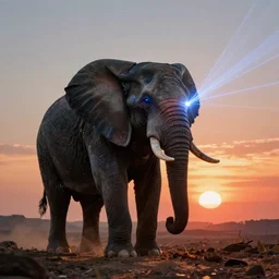 A single elephant with lasers coming out of it's eyes, cyberpunk elephant in front of a sunset