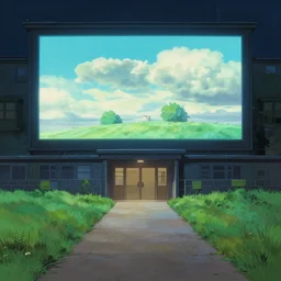 entrance to a building with a path on the lawn, a giant screen, at night, artstation, concept art, studio ghibli
