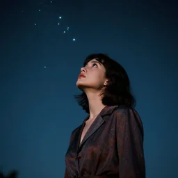 a retro-futuristic scene with a woman look up at the starry sky - n 2