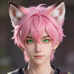 a beautiful headshot portrait of a cute anime male boy with pink hair and pink fox ears and piercings and green eyes. character design by cory loftis, fenghua zhong, ryohei hase, ismail inceoglu and ruan jia. artstation, volumetric light, detailed, photorealistic, fantasy, rendered in octane
