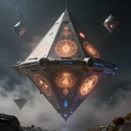 sci - fi space base, bad omens, a floating magnificent tetrahedron spacecraft, on which mystical symbols glowing!! medium long shot. mist, dust in the air, unreal engine, octane render, deep space, ultra clear detailed!! digital art, by stanley artgerm lau, greg rutkowski, thomas kindkade, alphonse mucha, loish, norman
