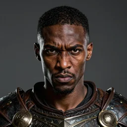 portrait of a slender black man with angry face in a lether armor. Epic fantasy. hyperrealism. symetric face cinematic top lighting, insanely detailed and intricate, face by wlop, Frank frazeta, Lucas Graciano Boris Vallejo. Character Art. High Fantasy. golden ratio, symmetric matte painting, cinematic, trending on artstation, deviantart and cgsociety, 8k, high resolution