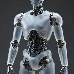 complex chromium cybernetic endoskeleton : : in a dark gray room wearing frosted glass like translucent armor plates : : highly detailed